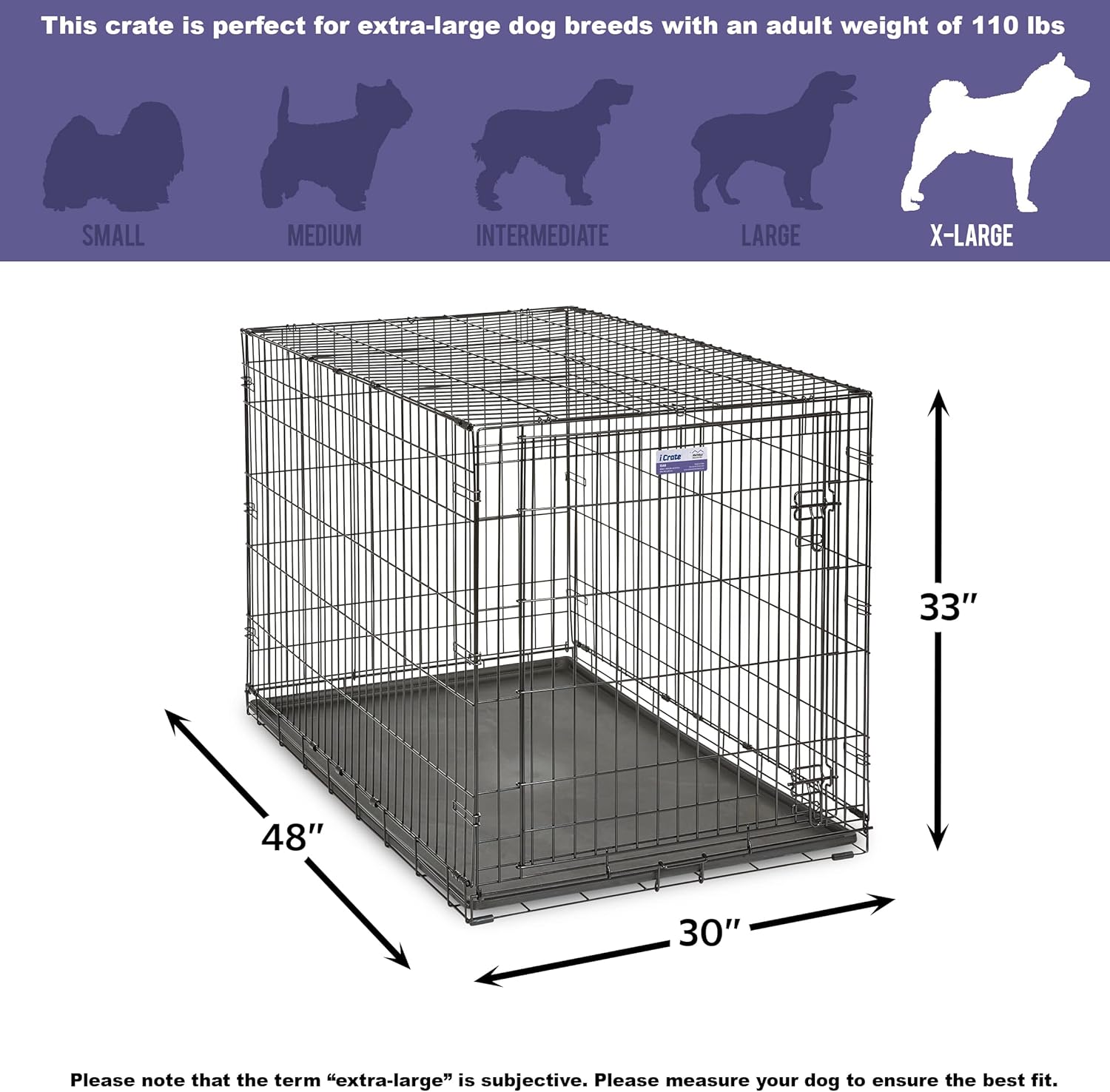 MidWest Homes for Pets 48-Inch iCrate Folding Dog Crate with Divider Panel, Leak-Proof Tray & Secure Latches – Metal Wire Kennel for XL Breeds – Portable, Durable & Easy to Assemble